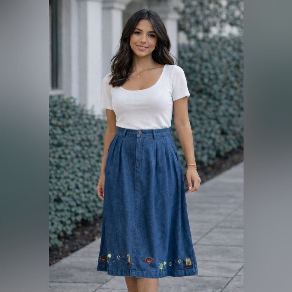Elegant A-Line Denim Skirt with Embroidery